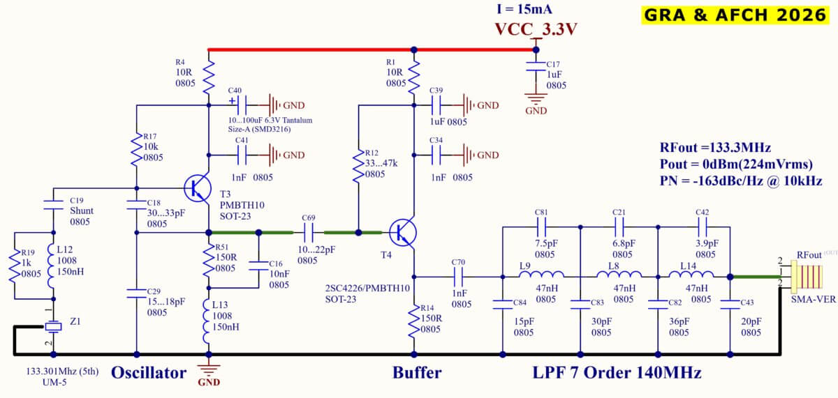 Quartz Crystal 133.3 MHz Colpitts Oscillator Schematic