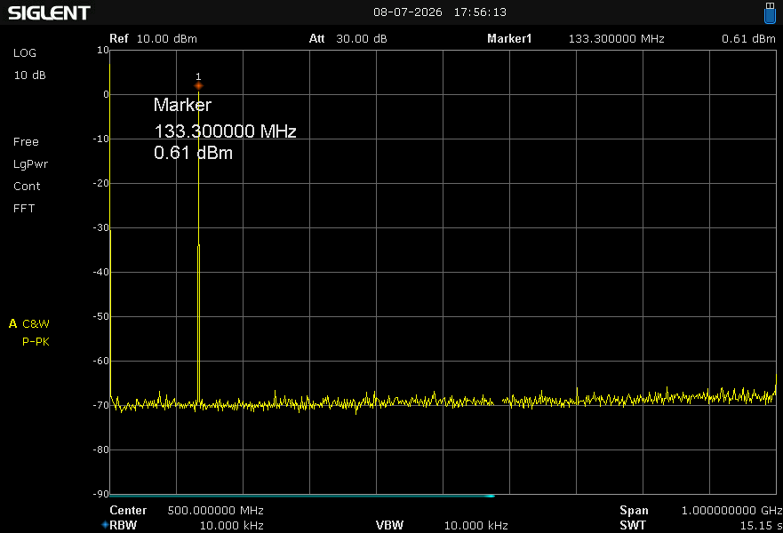 Quartz Crystal 133.3 MHz Oscillator Spectrum 1 GHz Span