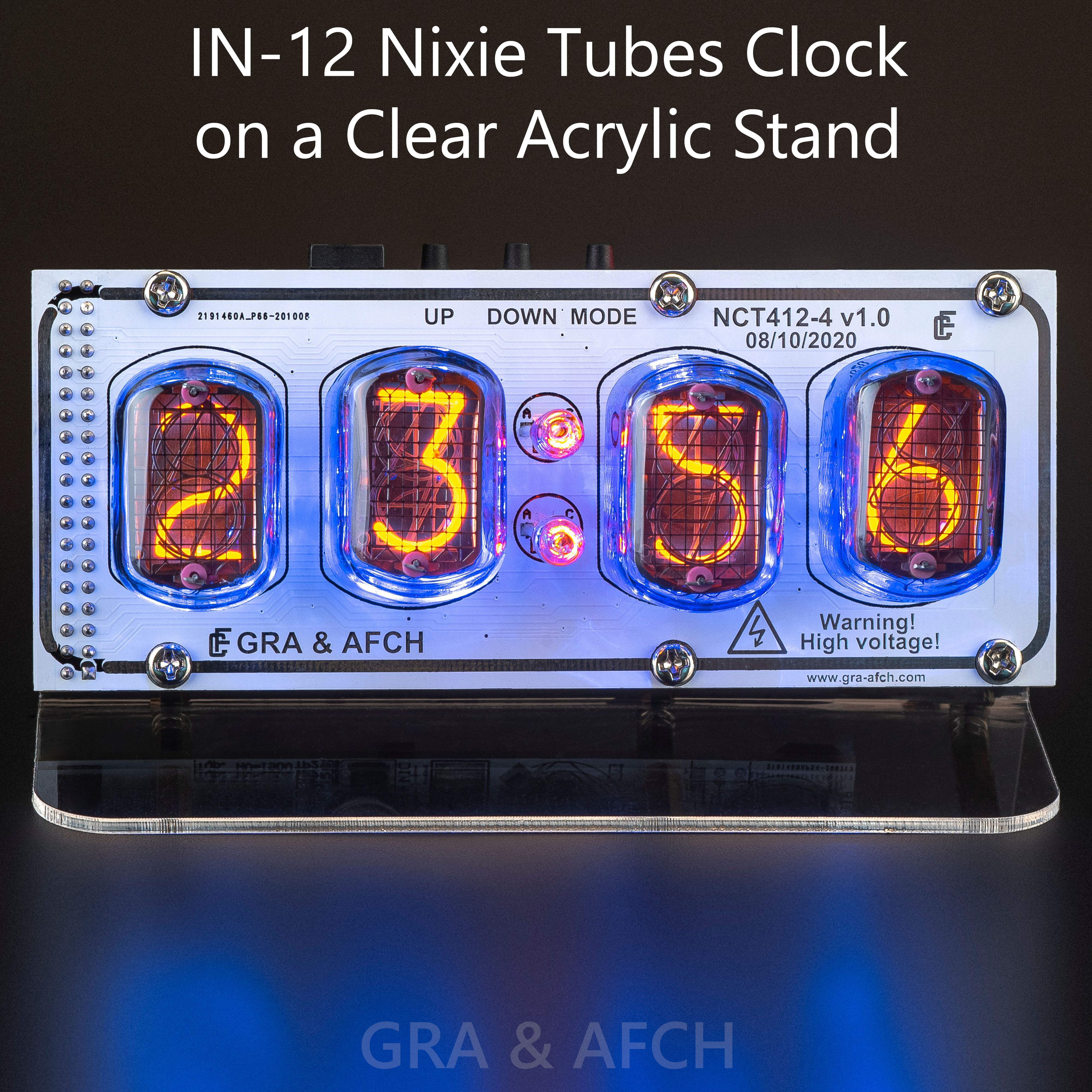 IN-12 Glow Nixie Tube Clock with CLEAR CASE 225 Color Light Display Date Remote 