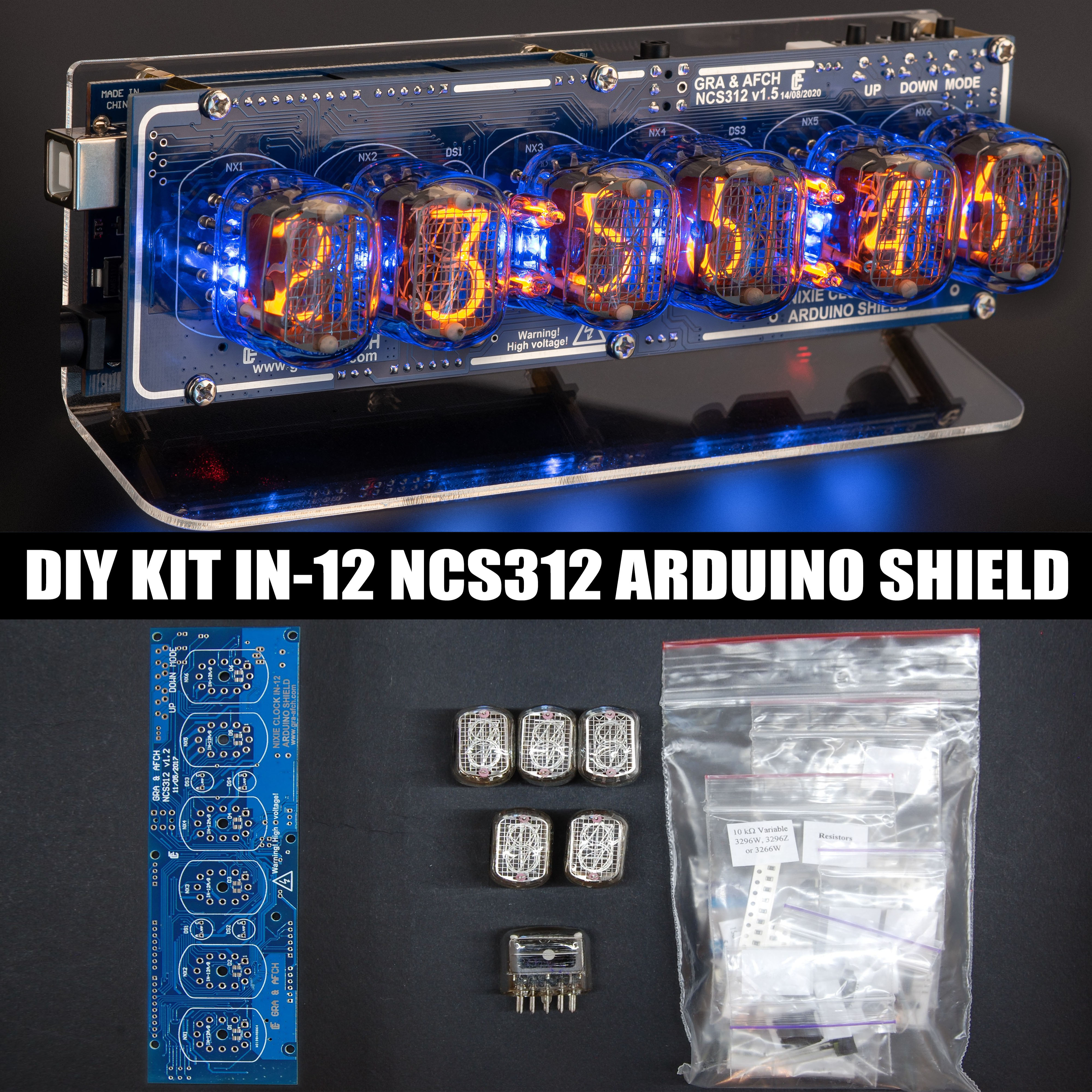 DIY KIT Nixie Tubes Clock IN-12 Arduino Shield NCS312 12/24H GPS WITH OPTIONS 
